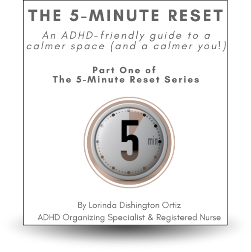 Cover image of the 5-Minute Reset eBook, a free downloadable guide for women with ADHD who struggle with clutter and executive dysfunction.